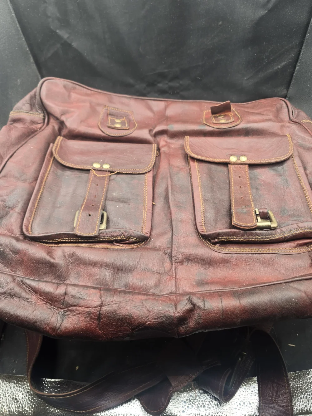 Men's Vintage Brown Leather Briefcase Messenger Bag with Front Buckle Pockets